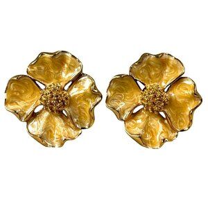 Gold-Tone Enamel Flower Clip-On Earrings Textured Centers Vintage Chunky Retro